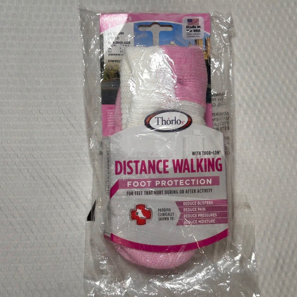 Thorlos Distance Walking Ankle Socks Womens Medium Pink White DWMXW10 NEW